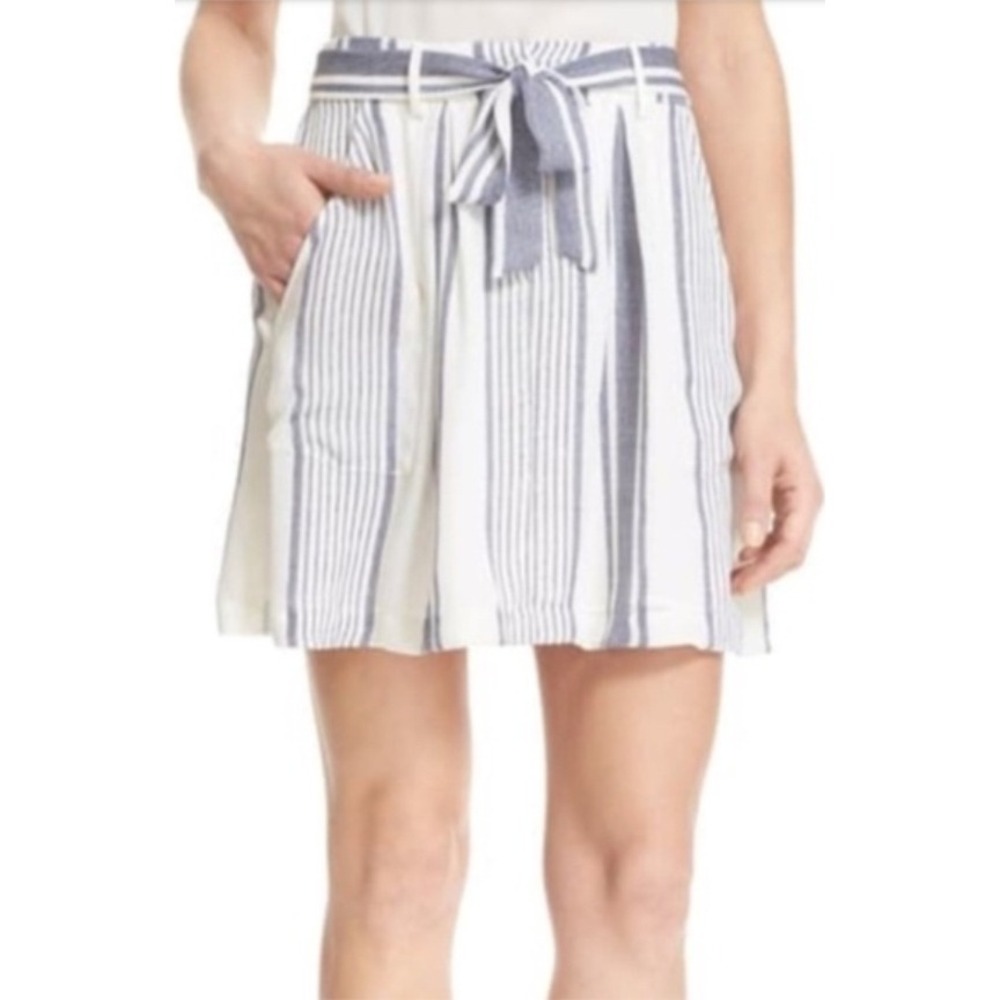 Joie Silk Striped Mini Skirt XS Ivory Blue Tie Waist Pockets NWT